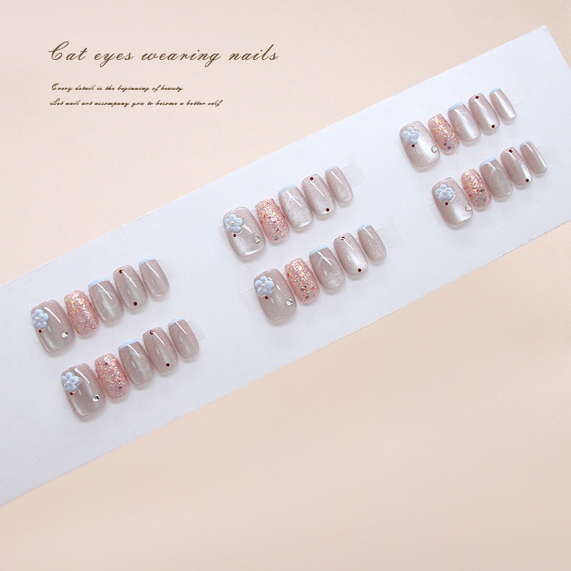 Whimsical Charm Short Square Beige with Sparkling Accents and Floral Embellishments Press-On Nail Set