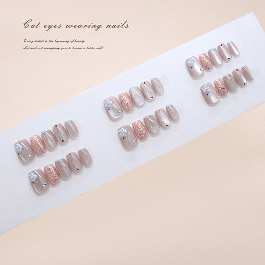 Whimsical Charm Short Square Beige with Sparkling Accents and Floral Embellishments Press-On Nail Set