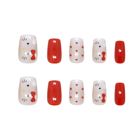 Charming Hello Kitty Inspired Short Square Red and White Press-On Nail Set with Adorable Bow Design