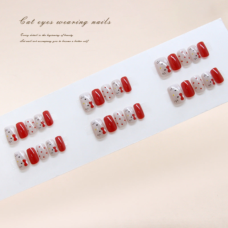 Purrfectly Charming Cat Eye Inspired Press On Nail Set Short Square Red and White with Whimsical Cat Face Design