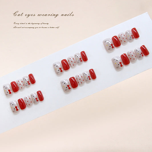 Purrfectly Charming Cat Eye Inspired Press On Nail Set Short Square Red and White with Whimsical Cat Face Design