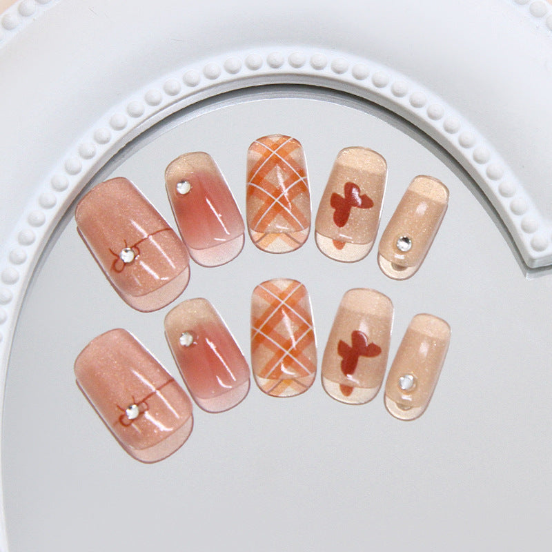 Chic Romance Short Square Ombre Soft Peach with Dazzling Rhinestones and Artistic Accents Press On Nail Set