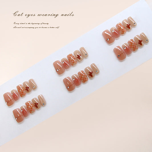 Charming Whisper Cat Eye Press On Nail Set Short Square Beige with Glitter and Heart Accent