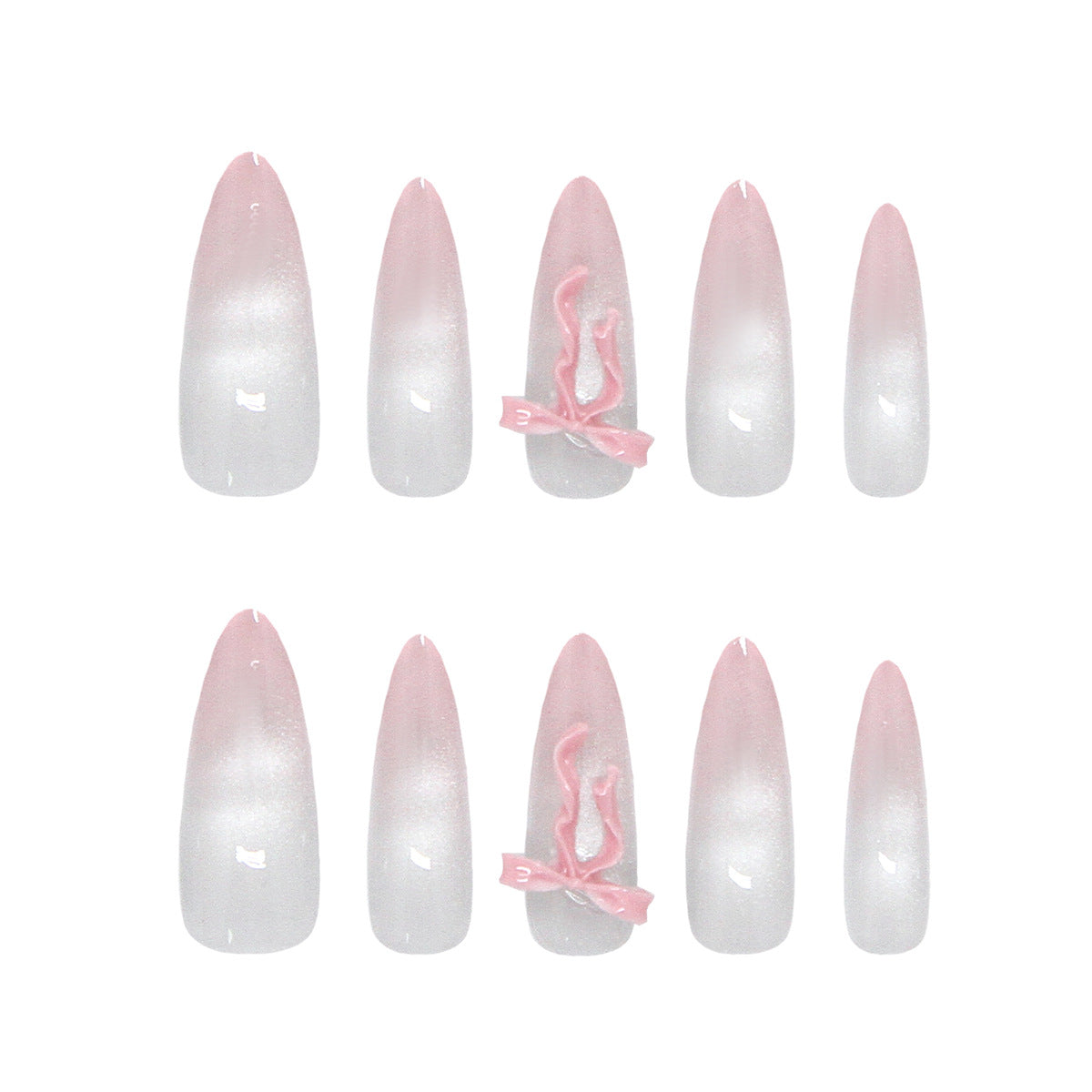 Dreamy Pink Ombre Long Almond Press On Nails with Bow Accent