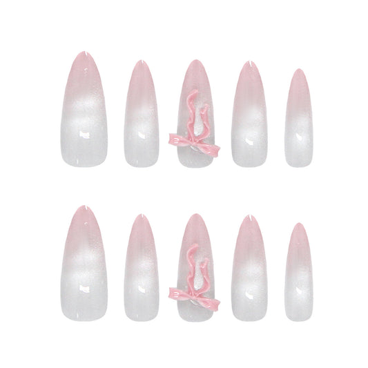 Dreamy Pink Ombre Long Almond Press On Nails with Bow Accent