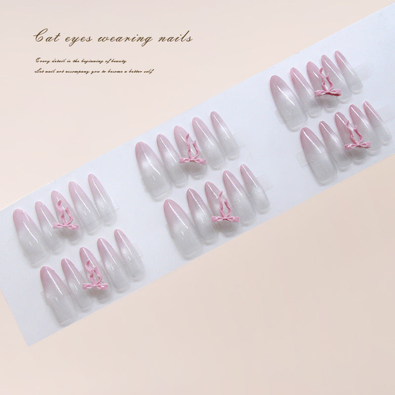 Charming Cat Eye Elegance Long Almond Shape Pink Ombre with Delicate Bow Press-On Nail Set