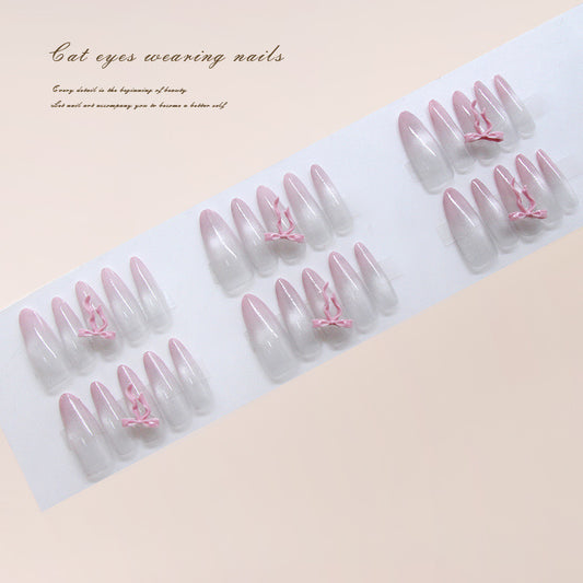 Charming Cat Eye Elegance Long Almond Shape Pink Ombre with Delicate Bow Press-On Nail Set