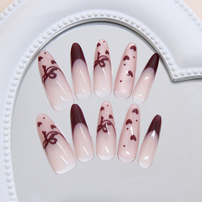 Romantic Elegance Long Almond Beige Ombre with Deep Burgundy Tips and Whimsical Heart Designs Press On Nail Set