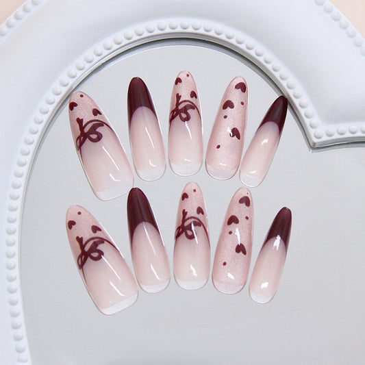 Romantic Elegance Long Almond Beige Ombre with Deep Burgundy Tips and Whimsical Heart Designs Press On Nail Set