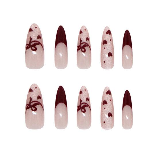 Romantic Elegance Long Almond Pink and Burgundy Gradient with Heart Motif Press on Nail Set