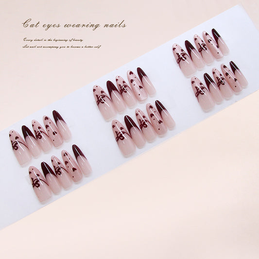 Charming Whiskers Elegant Long Almond Pink with Deep Chocolate Tips Artistic Press on Nail Set