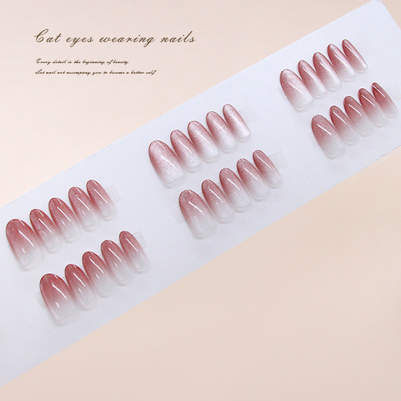 Cat Eyes Enchantment Long Almond Pink Gradient Press On Nail Set with Shimmering Finish