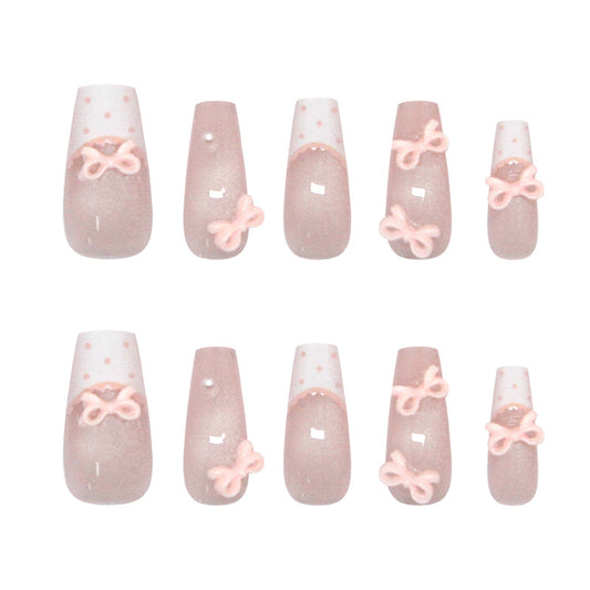Dreamy Pastels Long Coffin Pink Glittery Bow Press On Nail Set