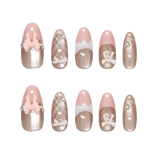 Charming Ballet Inspired Long Almond Pink and Gold Press On Nail Set with Decorative Bows and Pearls