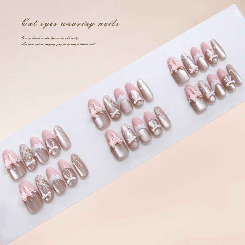 Enchanting Elegance Long Almond Pink Brown Nail Set with Delicate Floral Accents
