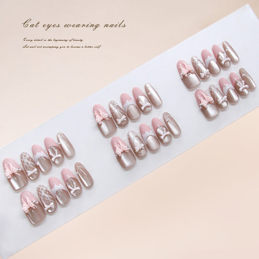 Enchanting Elegance Long Almond Pink Brown Nail Set with Delicate Floral Accents