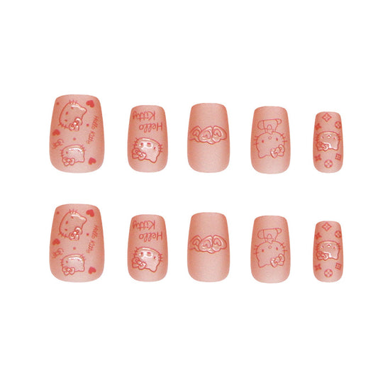 Cute Wonderland Medium Square Blush Pink with Adorable Hello Kitty Designs Press-On Nail Set