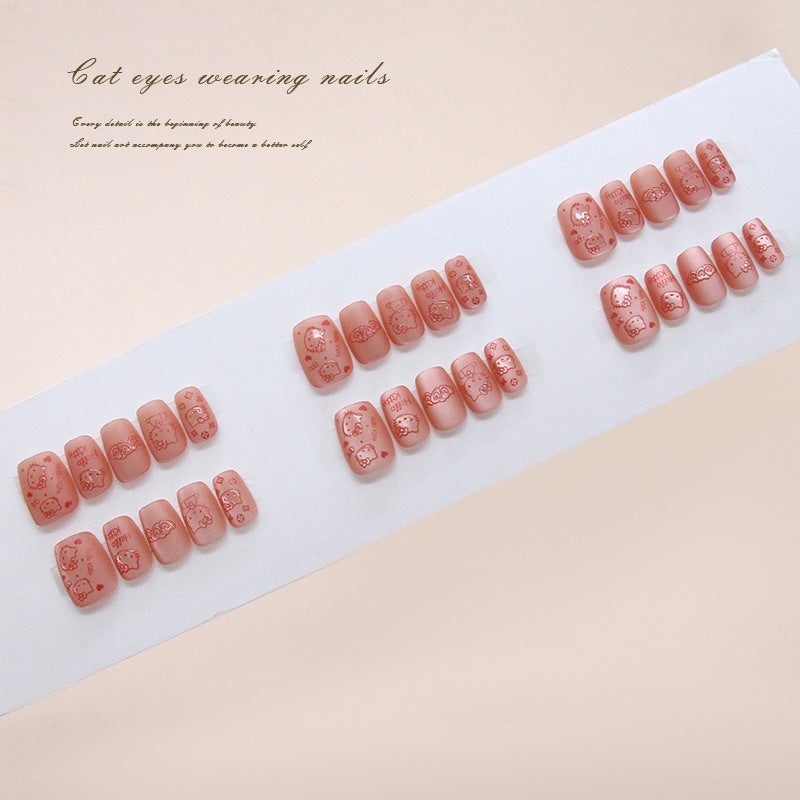 Enchanted Garden Medium Square Pink Cat Eye Press-On Nail Set with Cute Floral Designs