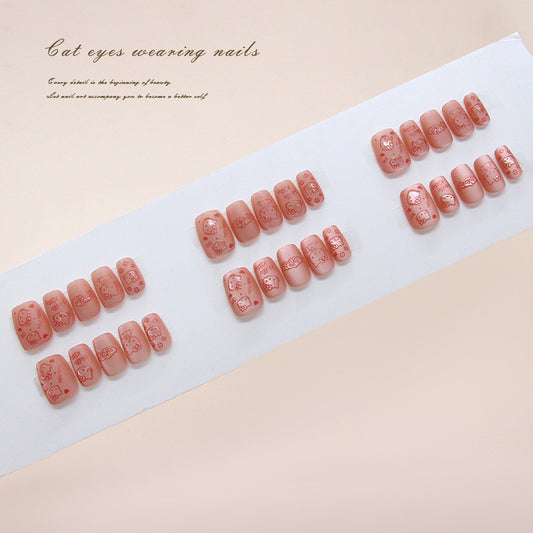 Enchanted Garden Medium Square Pink Cat Eye Press-On Nail Set with Cute Floral Designs