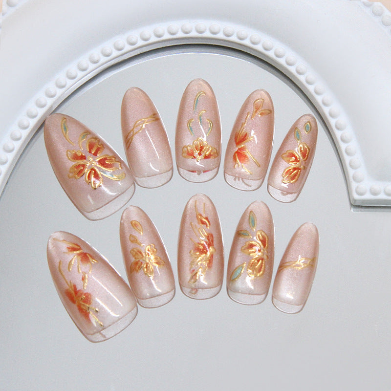 Floral Elegance Long Almond Pink Press On Nail Set with Gold Foil Detailing