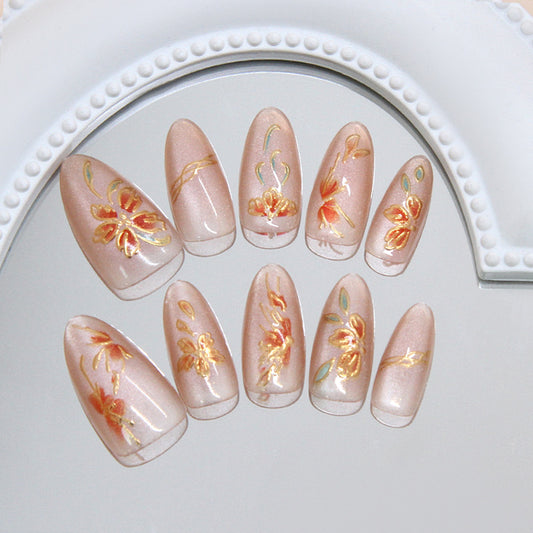 Floral Elegance Long Almond Pink Press On Nail Set with Gold Foil Detailing