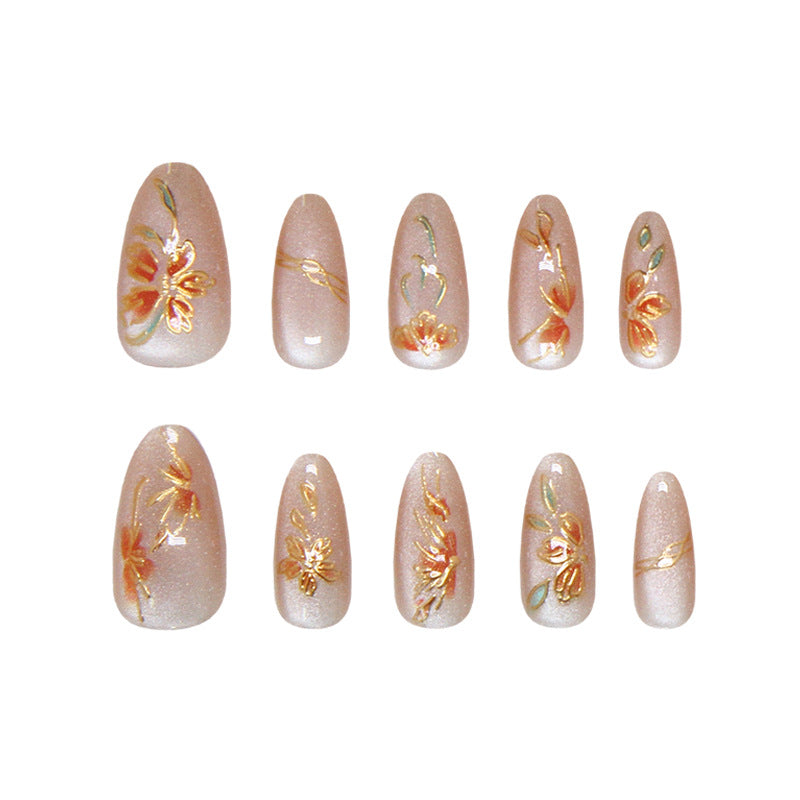 Floral Elegance Long Almond Blush Pink with Glittering Floral Accents Nail Press Set
