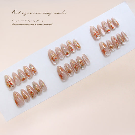 Dreamy Floral Essence Long Almond Pink Press on Nail Set with Glittering Gold Accents
