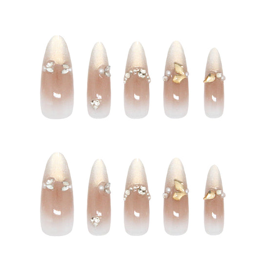 Elegant Dreamy Long Almond Shaped Soft Pink Press on Nails with Glittering Gemstone and Leaf Accents