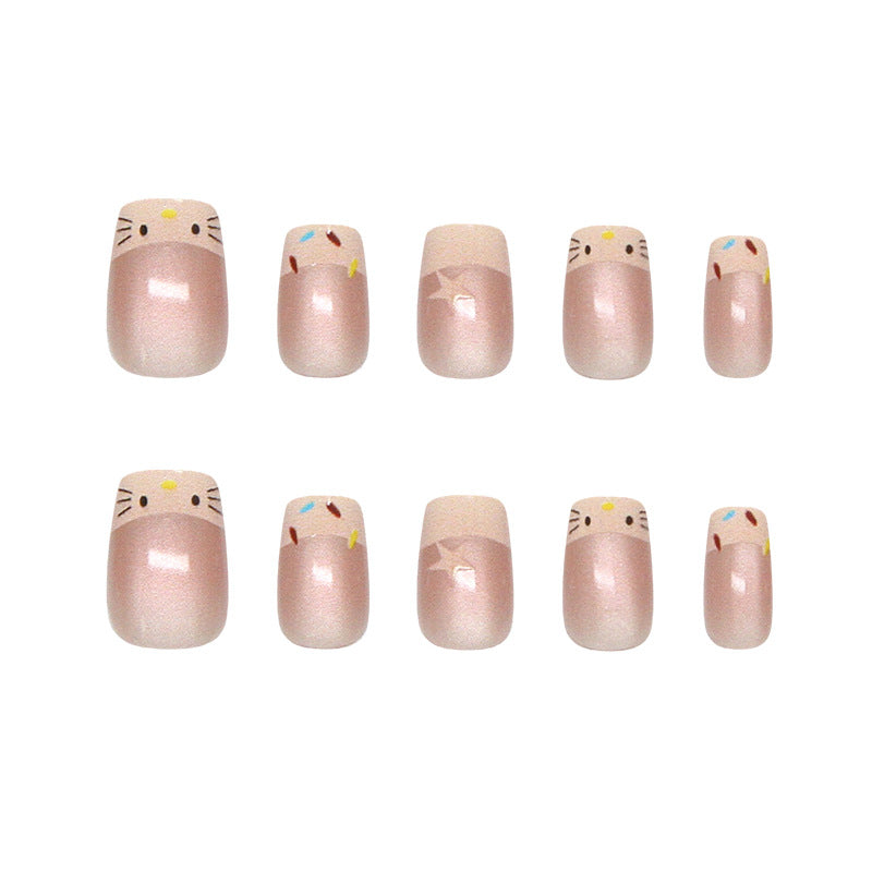 Whimsical Wonder Press On Nail Set Short Square Pink Cat Design with Glitter Accents