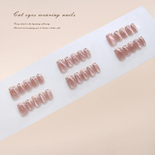 Whimsical Cat Eyes Press-On Nail Set in Short Length Square Shape Soft Pink with Charming Kitty Art