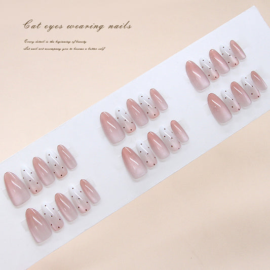 Cat Eyes Dreamy Long Almond Pink Gradient Press On Nail Set with Charming Whimsical Designs