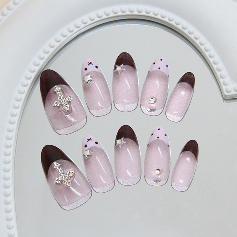 Glamorous Twilight Long Almond Shaped Beige and Brown Gradient Nail Set with Dazzling Rhinestone Accents