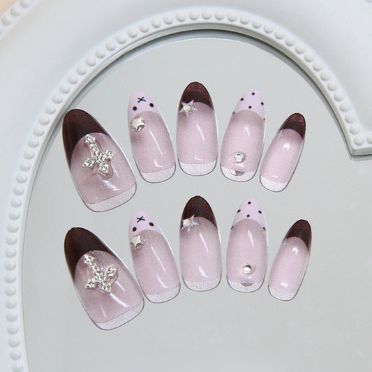 Glamorous Twilight Long Almond Shaped Beige and Brown Gradient Nail Set with Dazzling Rhinestone Accents