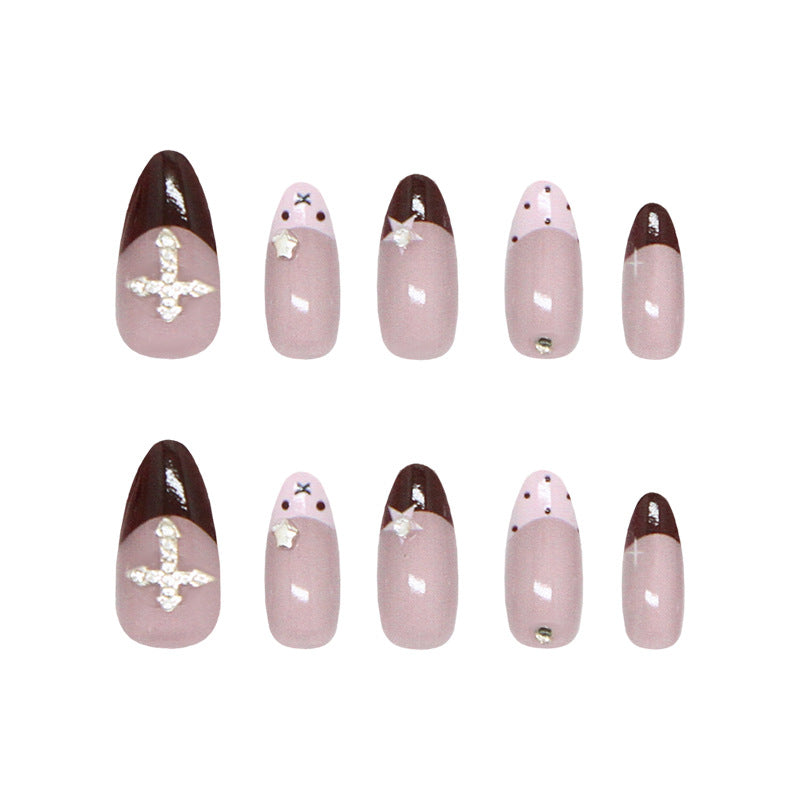 Celestial Elegance Long Almond Pink and Brown Press On Nail Set with Dazzling Gem Accents