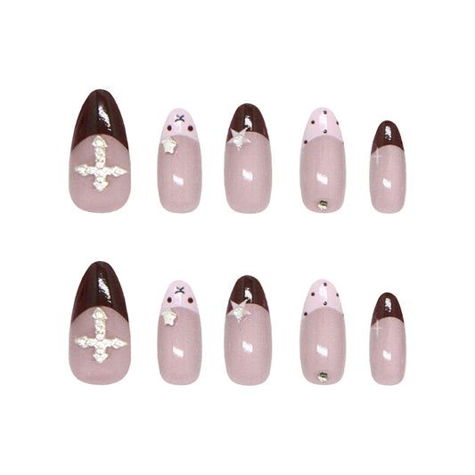 Celestial Elegance Long Almond Pink and Brown Press On Nail Set with Dazzling Gem Accents