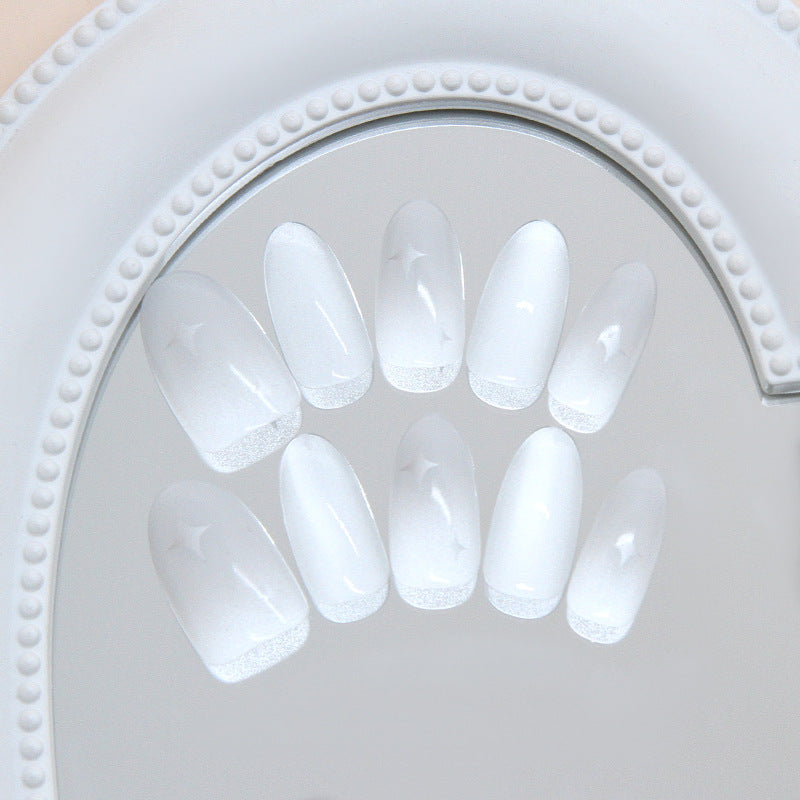 Serene Dream White Long Almond Press On Nail Set with Sparkling Tips