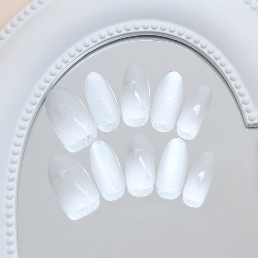 Serene Dream White Long Almond Press On Nail Set with Sparkling Tips