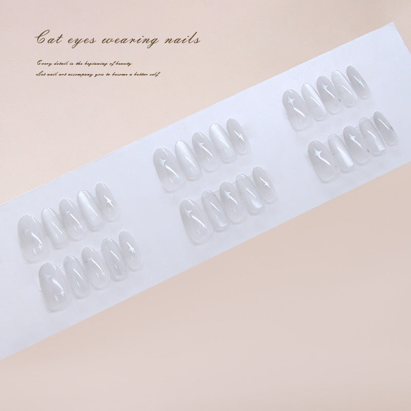 Enchanting Cat Eye Inspired Long Almond Clear Press on Nail Set with Stunning Star Accents