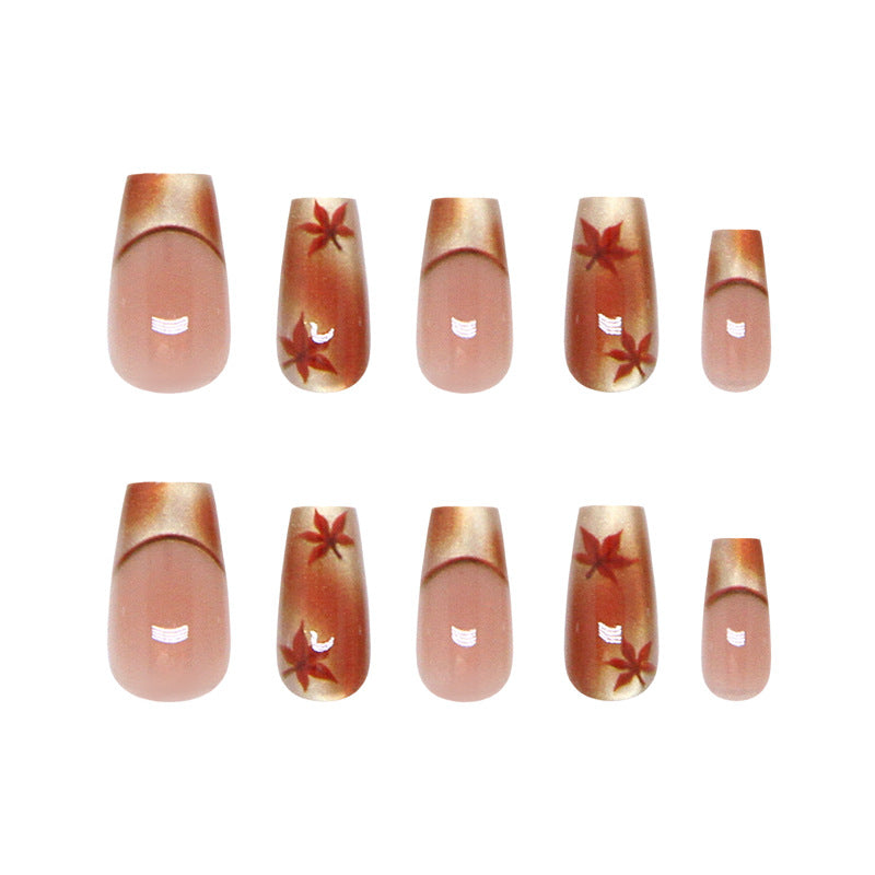 Autumn Breeze Long Coffin Almond Peach with Elegant Leaf Design Press on Nail Set