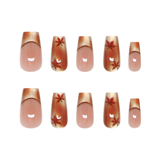 Autumn Breeze Long Coffin Almond Peach with Elegant Leaf Design Press on Nail Set