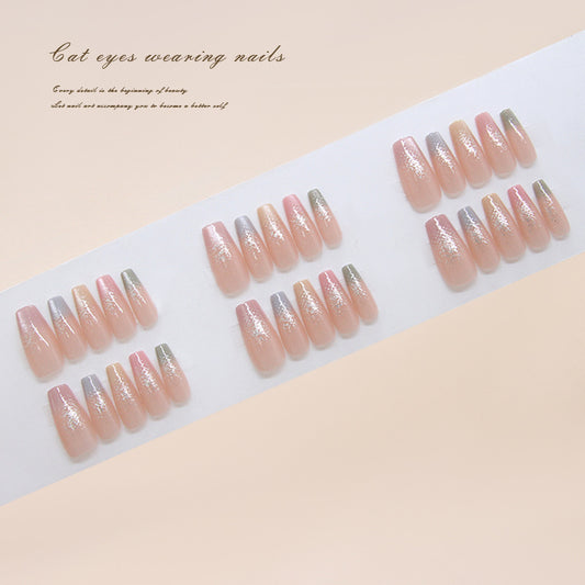 Mystical Enchantment Long Coffin Pink and Silver Glitter Cat Eye Press-On Nail Set