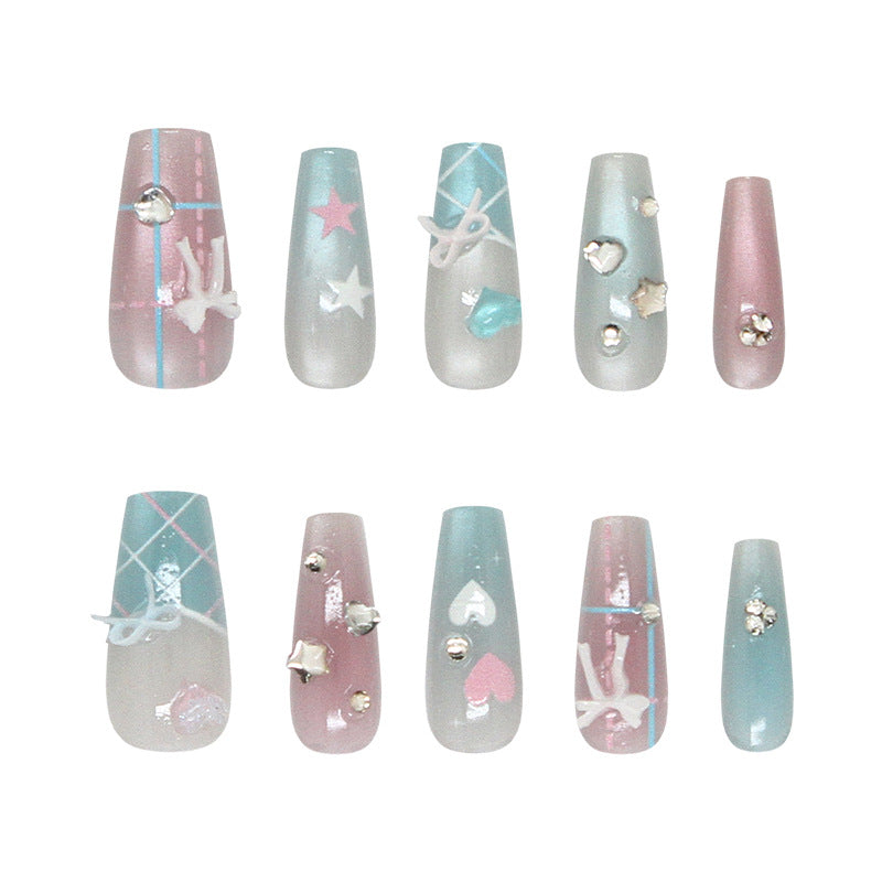 Whimsical Dreams Pink and Blue Ombre Long Coffin Shaped Press On Nail Set with Dazzling Heart and Star Accents