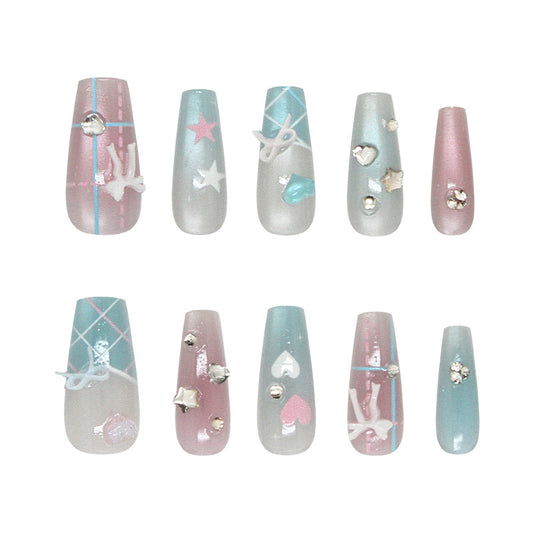 Whimsical Dreams Pink and Blue Ombre Long Coffin Shaped Press On Nail Set with Dazzling Heart and Star Accents