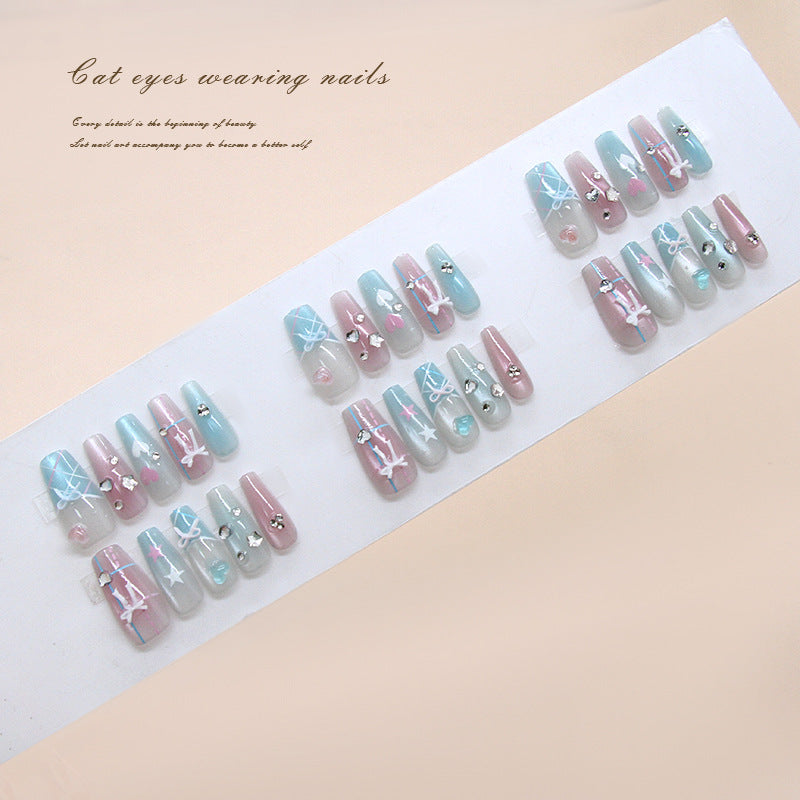 Whimsical Cat Eyes Long Coffin Pink and Blue Nail Set with Charming embellishments