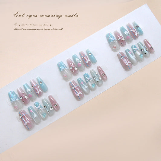Whimsical Cat Eyes Long Coffin Pink and Blue Nail Set with Charming embellishments