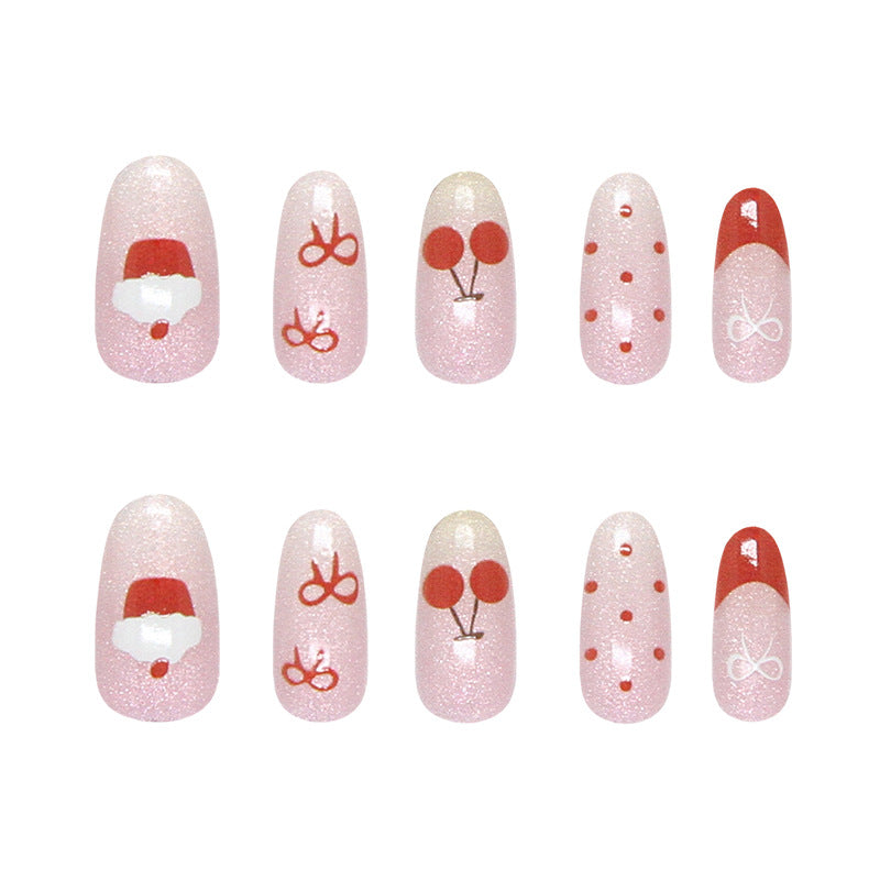 Festive Celebration Long Oval Pink Shimmer with Whimsical Holiday Designs Press-On Nail Set