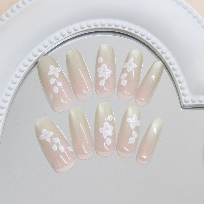 Whimsical Floral Dreams Long Almond White Ombre with Delicate Flower Accents Press-On Nail Set