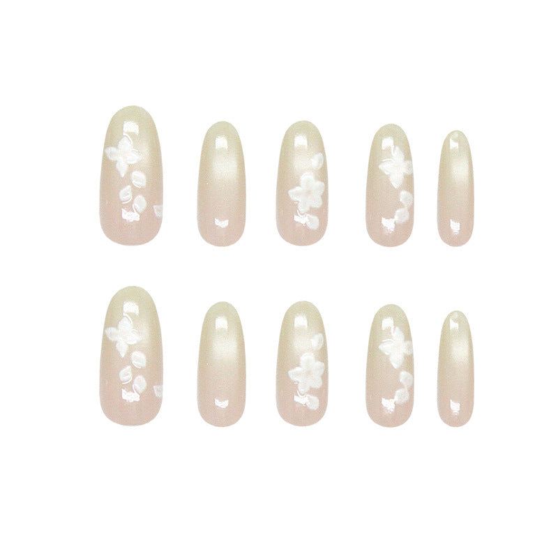 Blossom Dreams Long Oval Beige Press On Nail Set with Elegant Floral Design