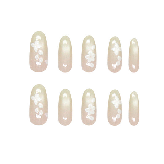 Blossom Dreams Long Oval Beige Press On Nail Set with Elegant Floral Design