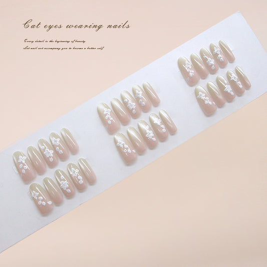 Enchanted Elegance Long Almond Shape Soft Beige with Delicate Floral Accents Press On Nail Set